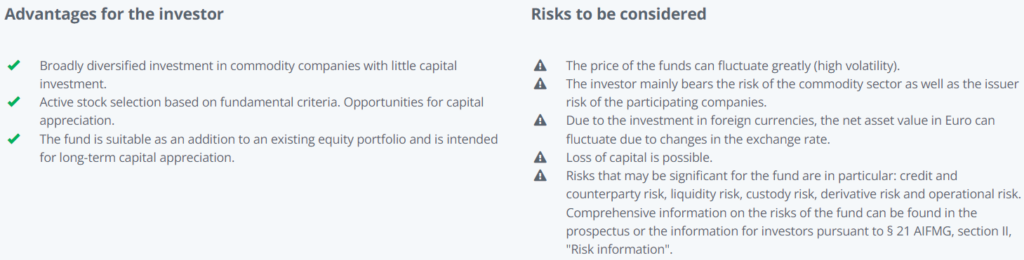 Advantages and risks ERSTE STOCK COMMODITIES